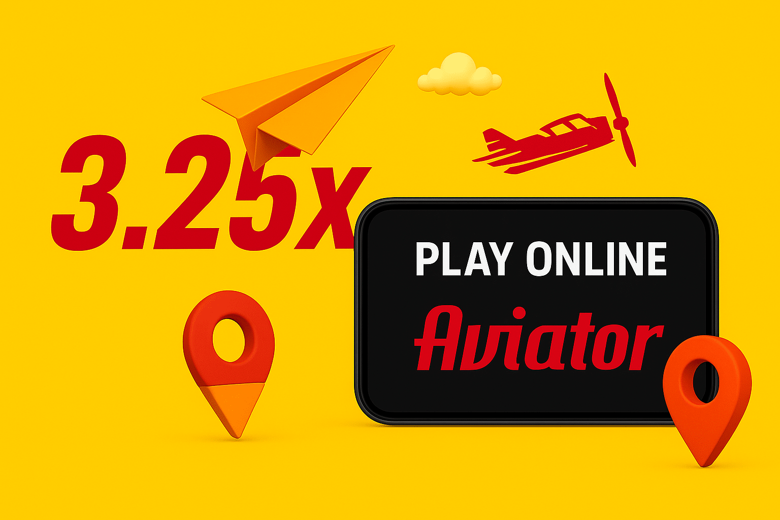 aviator game play banner with plane and multiplier 3.25x on yellow background